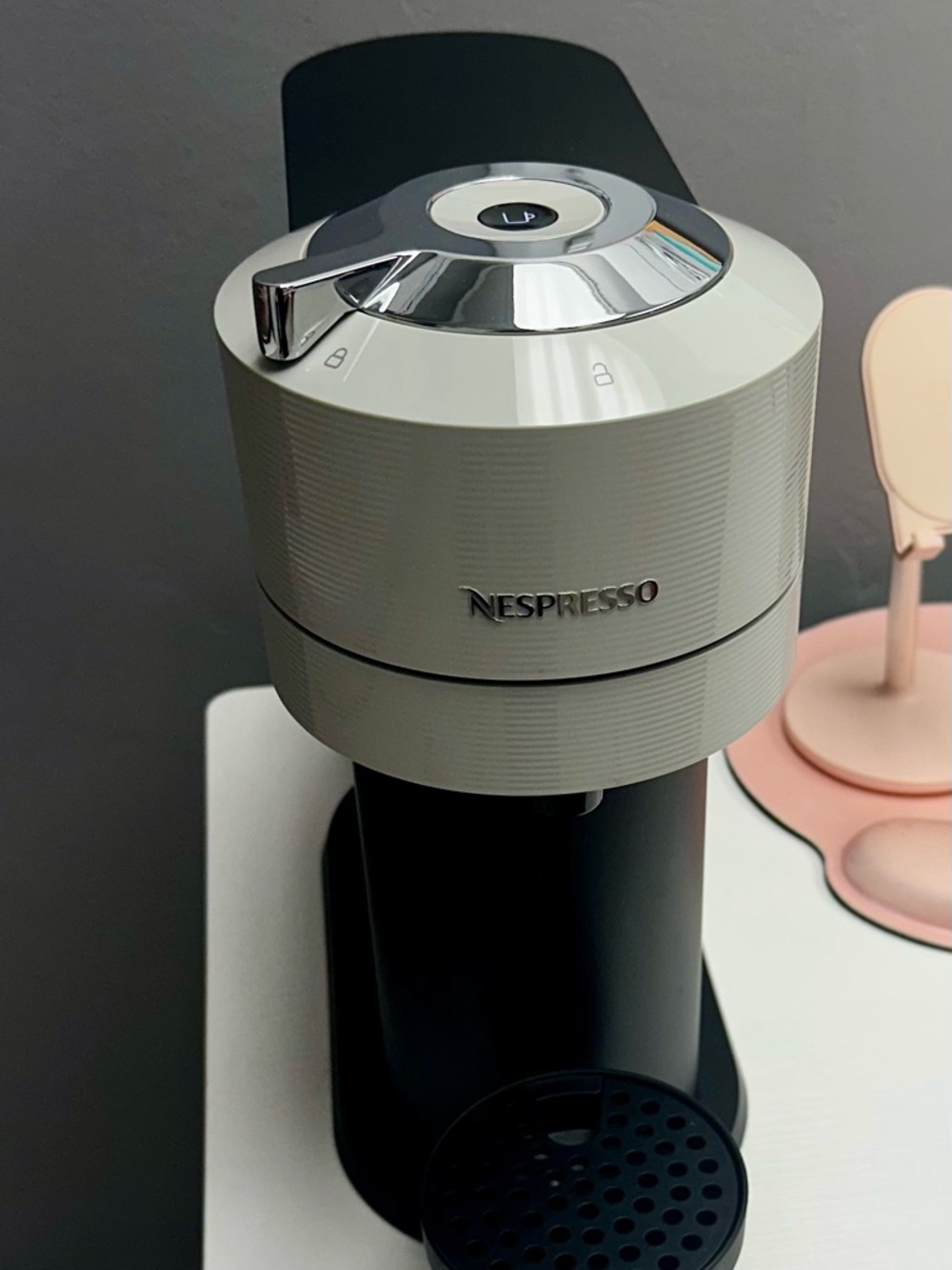 Nespresso Coffee Machine in White and Black with Chrome Accent